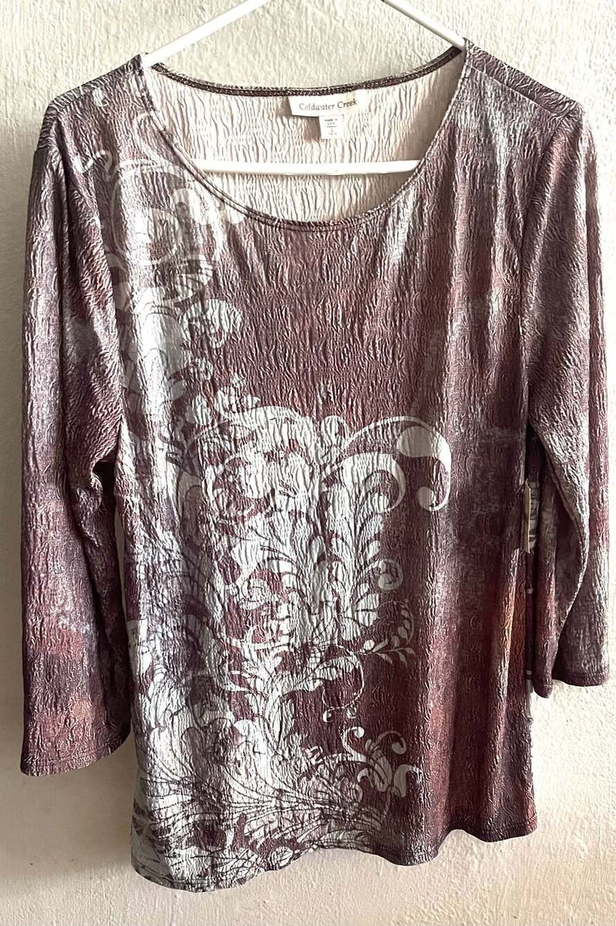 Coldwater Creek Womens 3/4 Sleeve Crinkle Floral Textured Casual Top Size L Brow